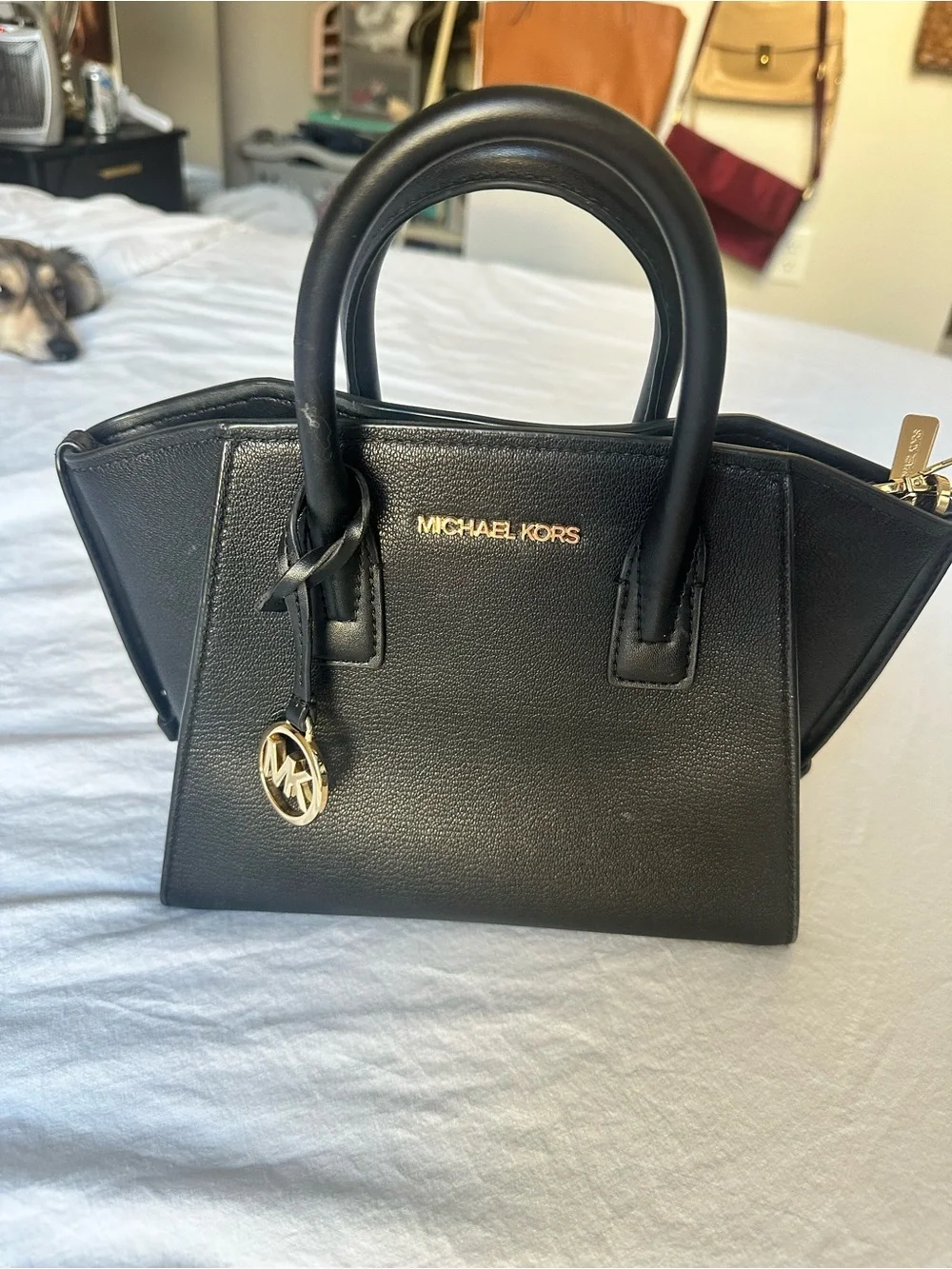 Michael Kors Black Leather Satchel with Gold Logo Charm - Picture 2 of 5
